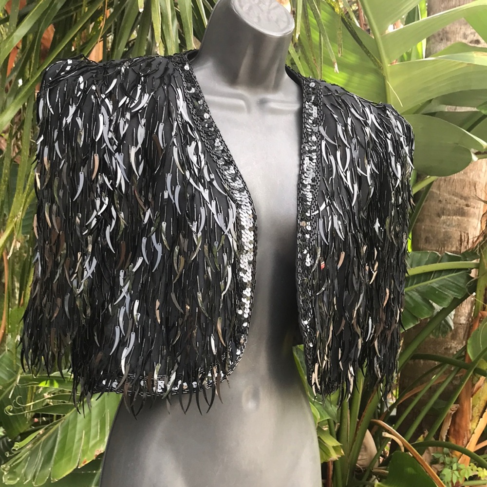Vintage Augustat , sequin sheer  silk bolero with power shoulders - Picture 3 of 10